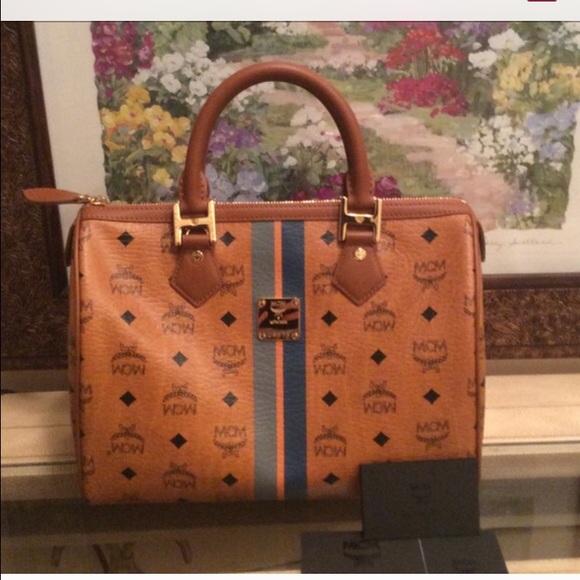 MCM Handbags - MCM Cognac Visetos Satchel with Blue Stripe